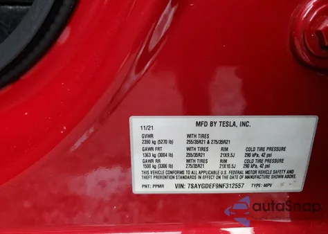 2022 Tesla Model Y from USA, damaged, VIN 7SAYGDEF9NF312557